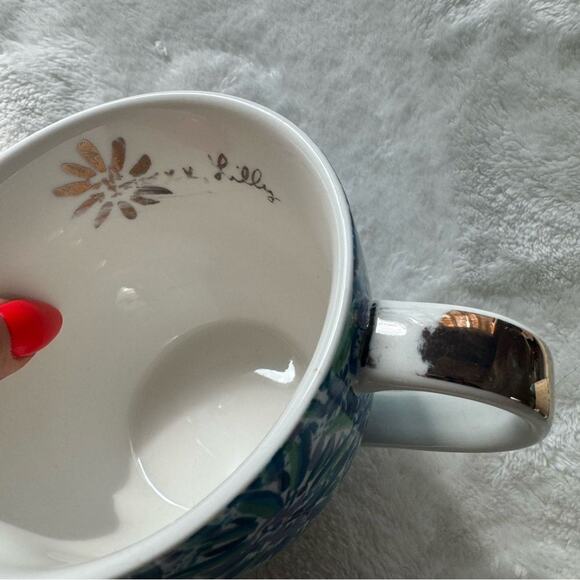 2PC Set Lilly Pulitzer Blue & Green Tea or Coffee Cups with Gold Trim - Picture 4 of 7